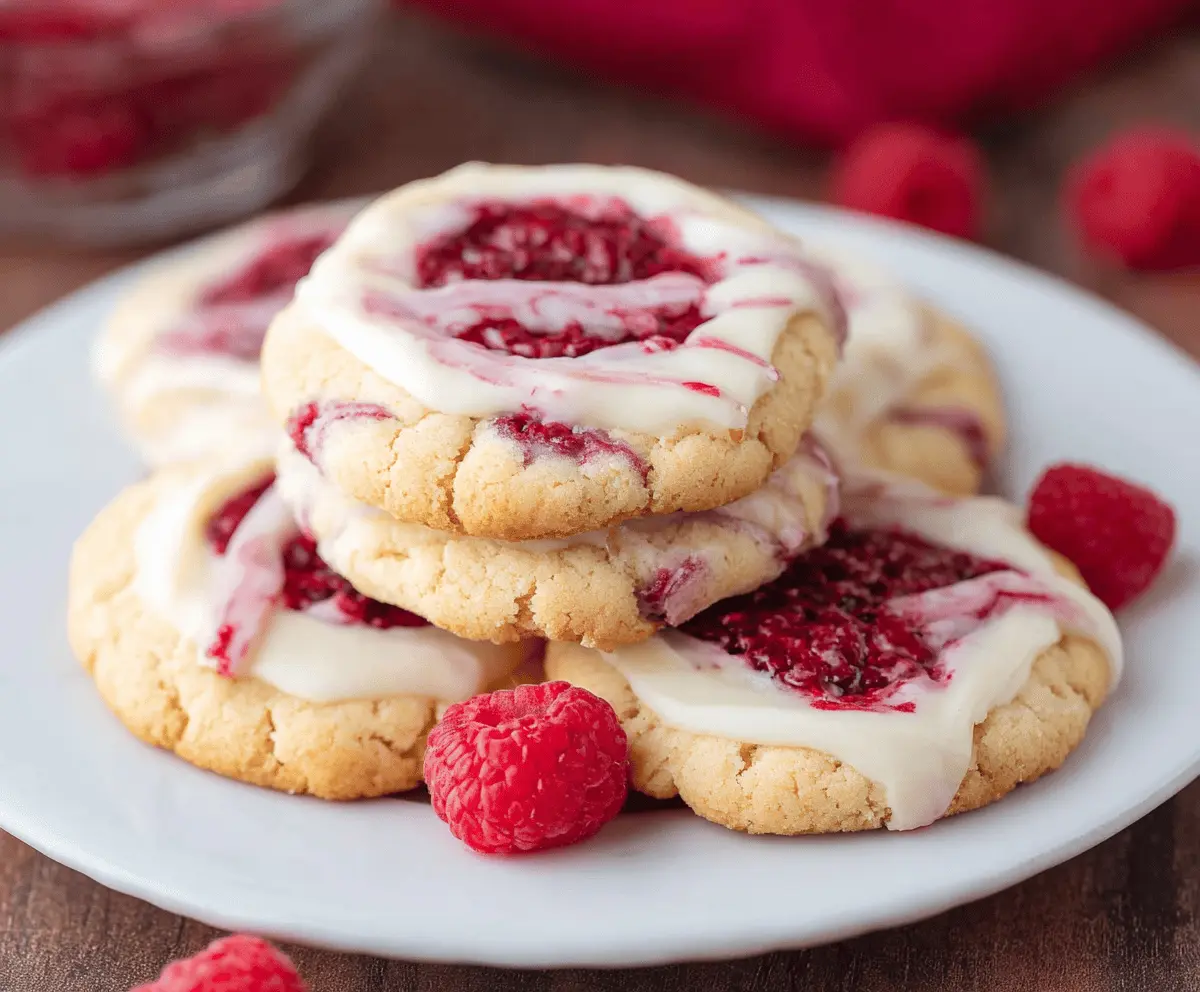 Delicious cream cheese raspberry cookies with fresh raspberries and a golden-brown crust.
