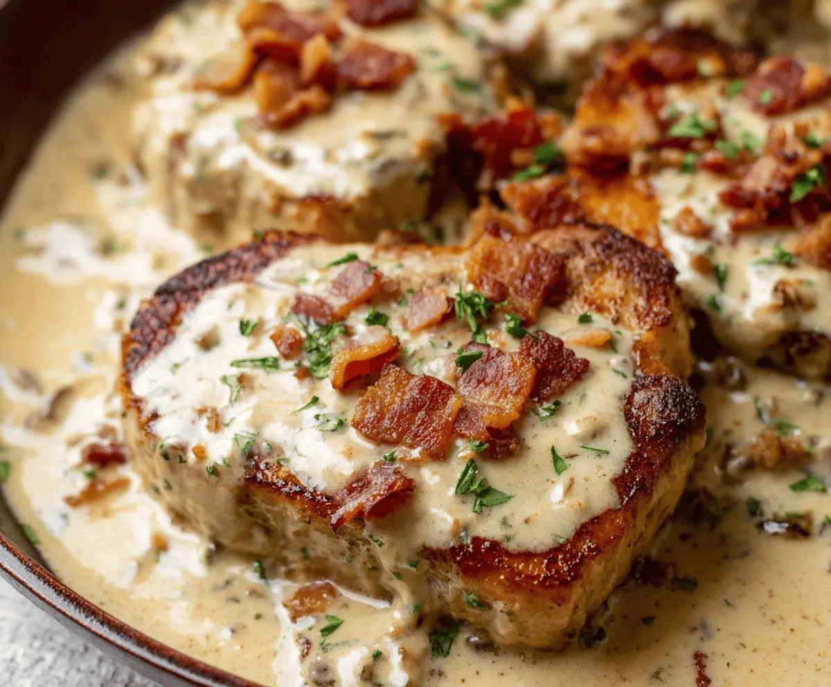 Creamy bacon pork chops served with a side of vegetables, showcasing a moist and flavorful dish.