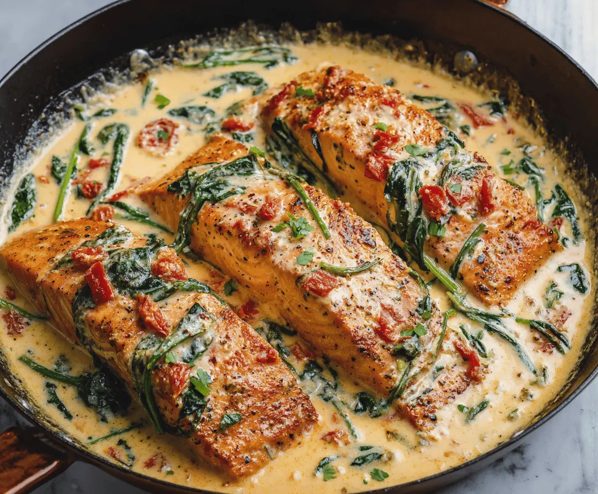 Delicious Creamy Garlic Tuscan Salmon served on a plate with fresh herbs.