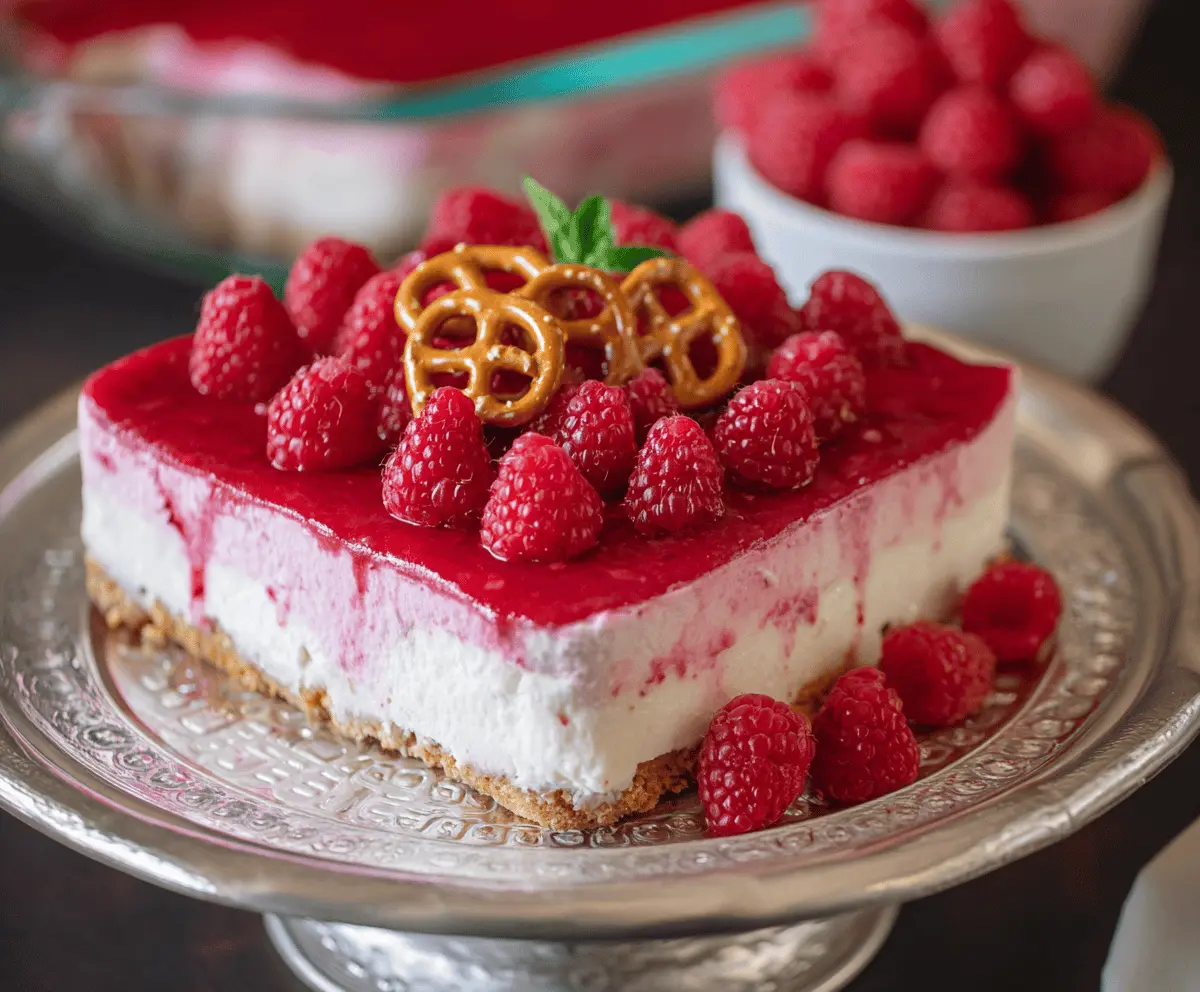 Delicious creamy raspberry pretzel dessert served in a glass dish, garnished with fresh raspberries and mint.