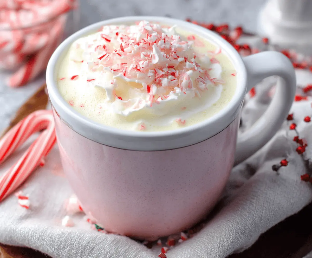 Creamy Crockpot Candy Cane White Hot Chocolate topped with whipped cream and crushed peppermint for a festive winter treat.