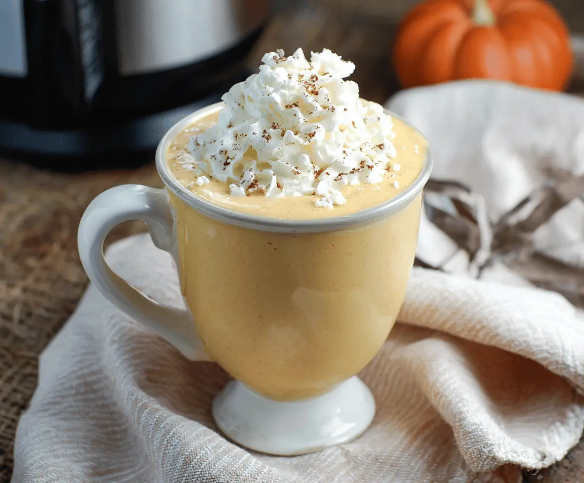 Delicious Crockpot Pumpkin Pie White Hot Chocolate in a cozy mug with whipped cream and cinnamon