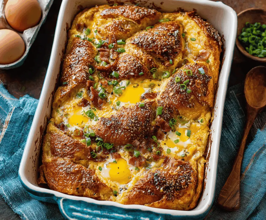 Delicious croissant breakfast casserole with eggs, cheese, and fresh herbs in a baking dish.