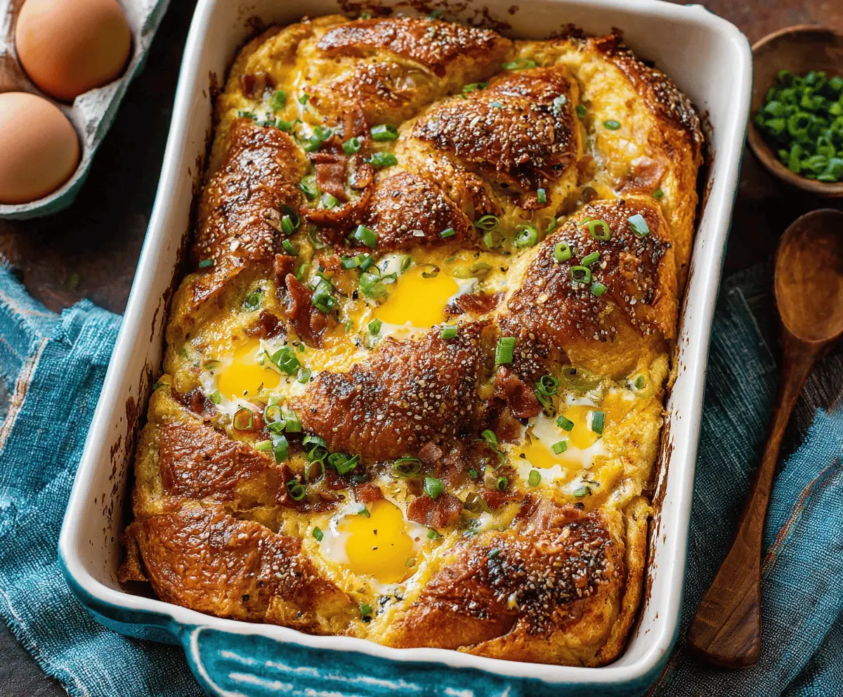 Delicious croissant breakfast casserole with eggs, cheese, and fresh herbs in a baking dish.