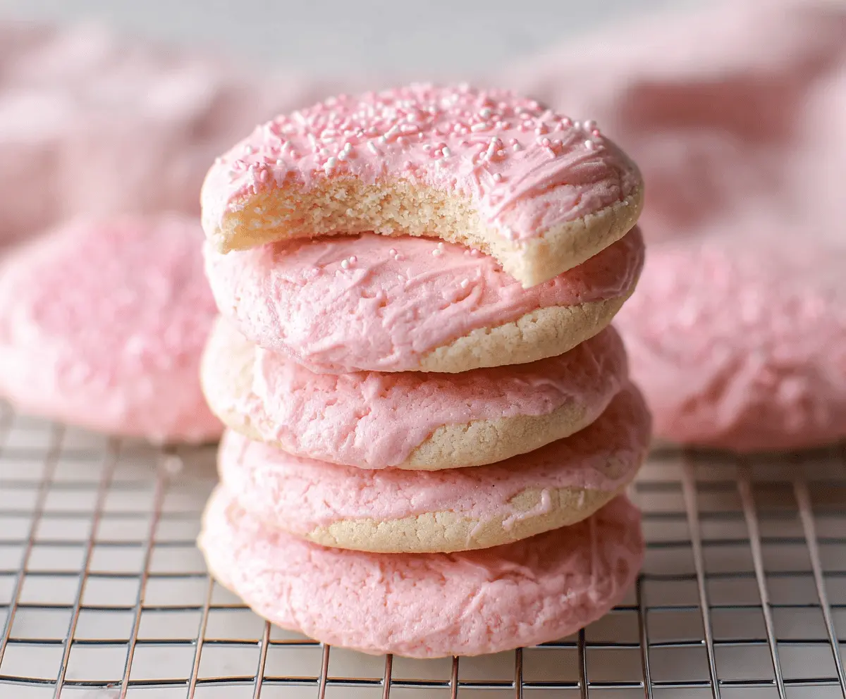 Delicious Crumbl Pink Chilled Sugar Cookies with pink icing and sprinkles on a plate.