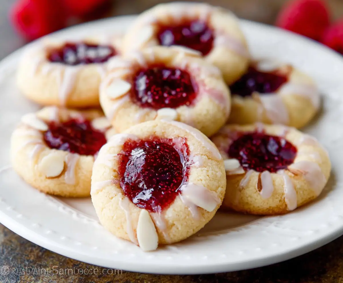 Delicious homemade raspberry almond thumbprint cookies with a golden crust and vibrant raspberry jam filling.