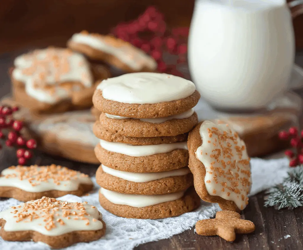 Decorative Eggnog Iced Gingerbread Cookies on a festive plate with holiday accents.