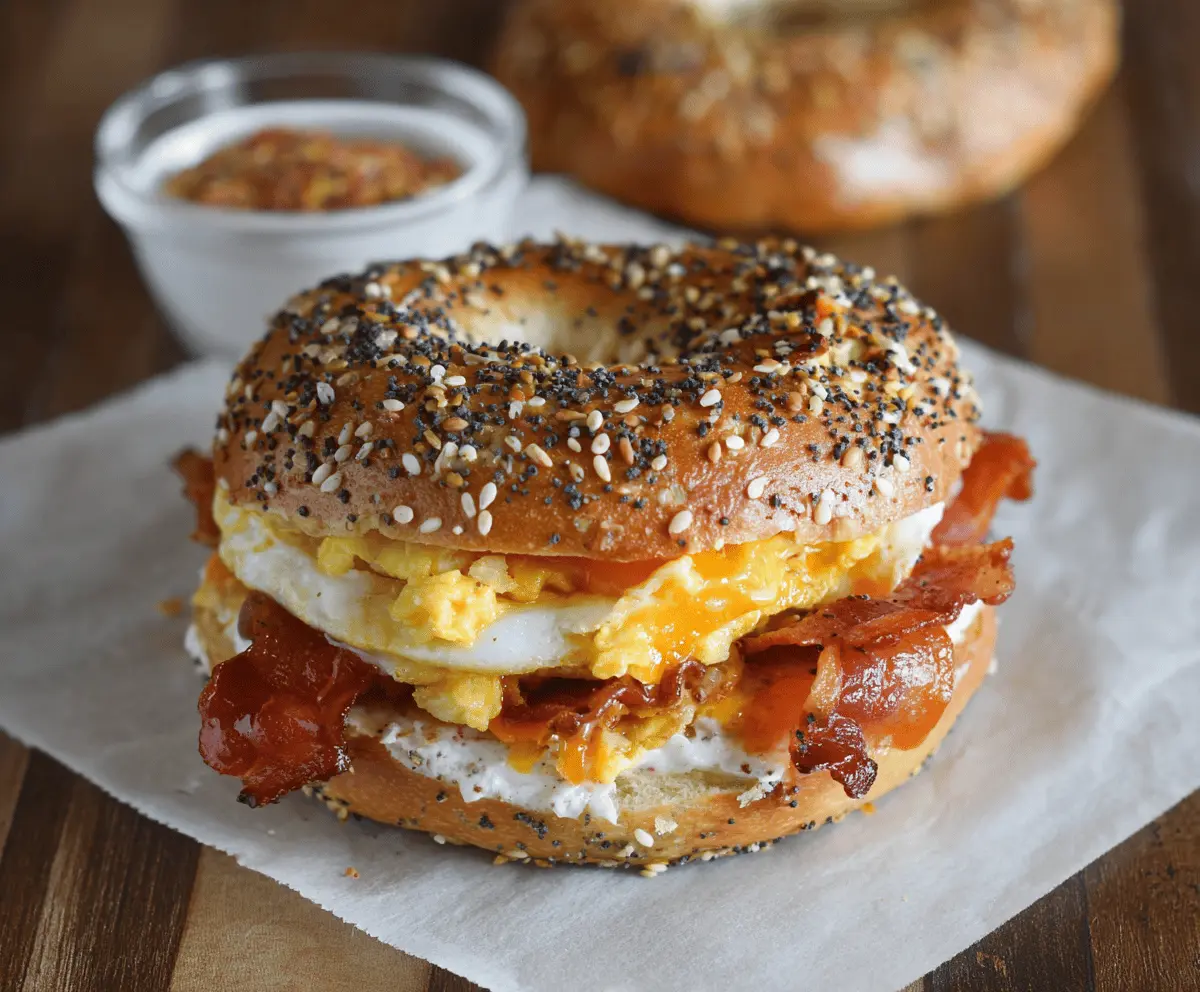 Delicious Everything Bagel Breakfast Sandwich with eggs, cheese, and bacon
