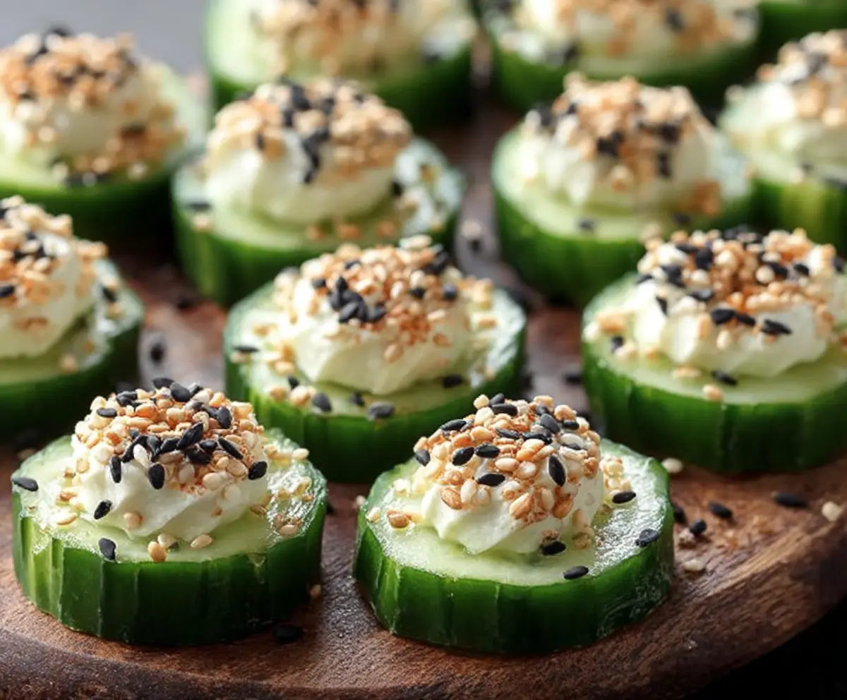 Delicious Everything Bagel Cucumber Bites featuring creamy toppings and crispy bagel seasoning.