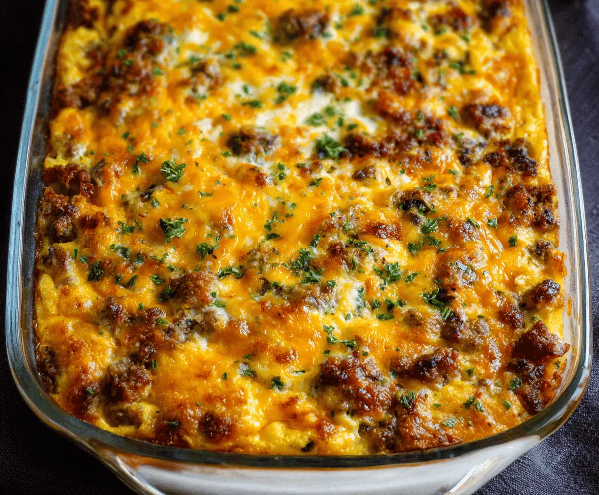 Delicious Firemans Breakfast Casserole with eggs, cheese, and breakfast sausage in a baking dish.
