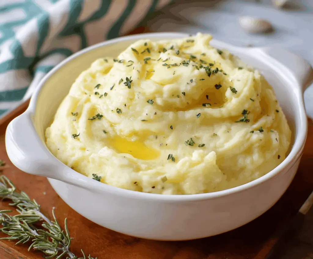 Creamy garlic mashed potatoes garnished with fresh herbs, perfect as a comforting side dish.
