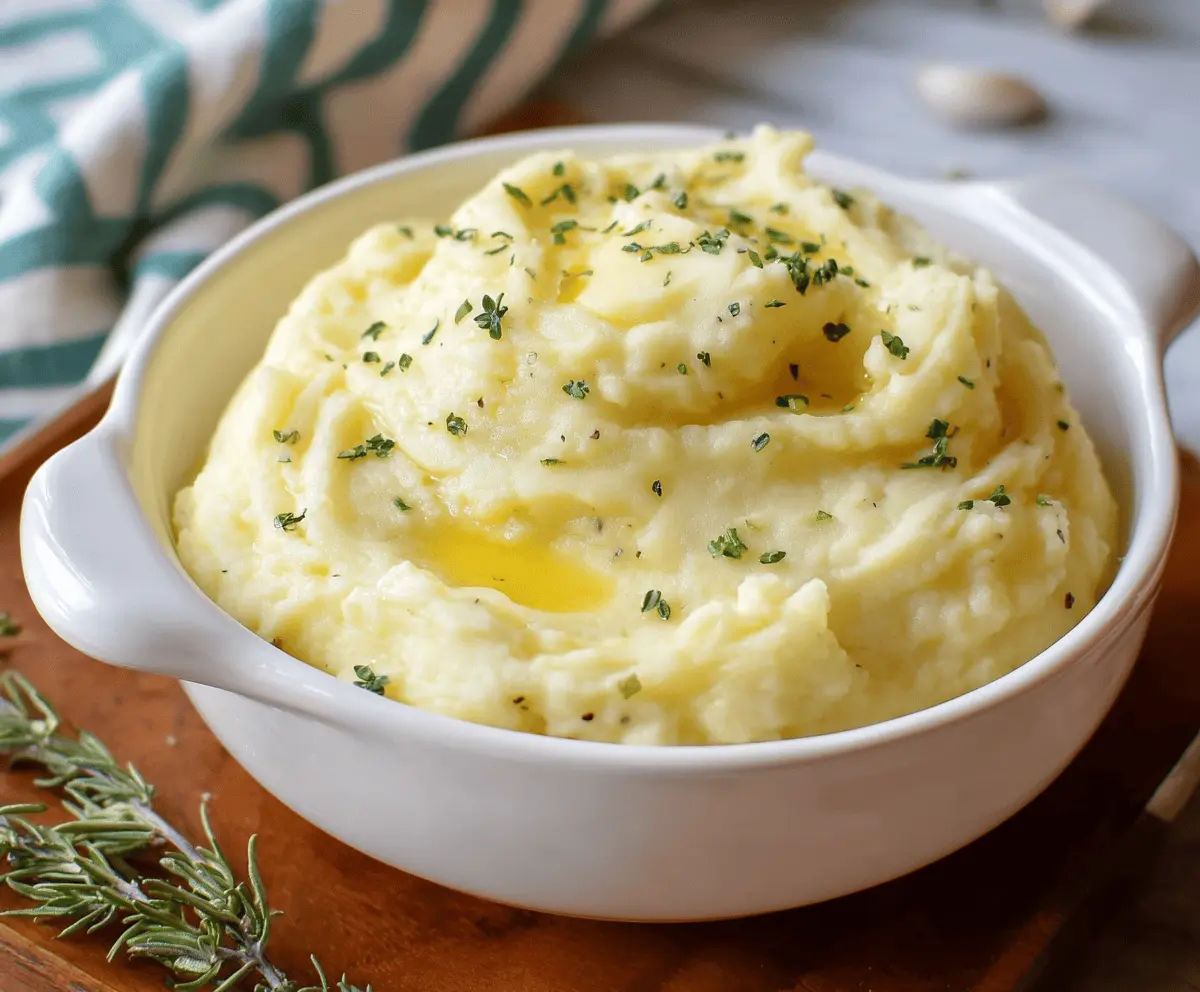 Creamy garlic mashed potatoes garnished with fresh herbs, perfect as a comforting side dish.