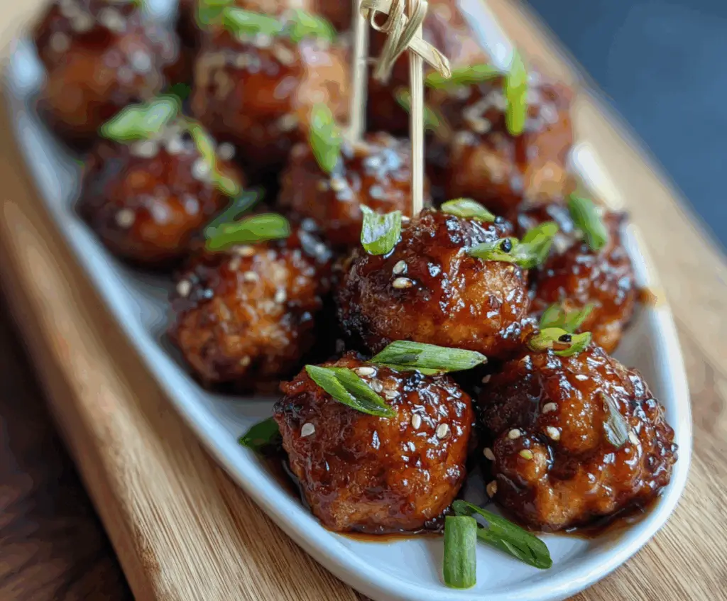Delicious ginger glazed turkey meatball bites served on a platter, perfect for appetizers and healthy snacks.