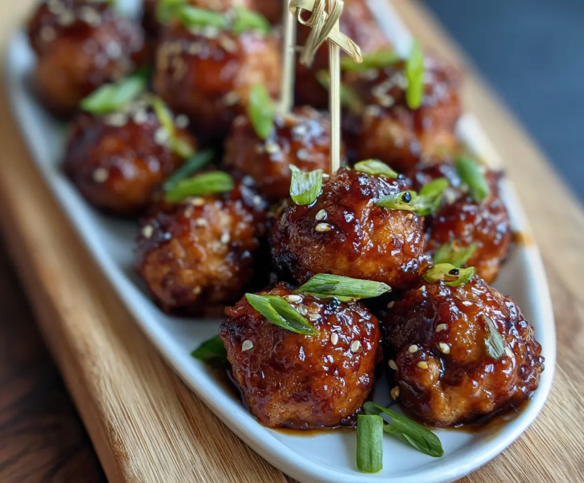 Delicious ginger glazed turkey meatball bites served on a platter, perfect for appetizers and healthy snacks.