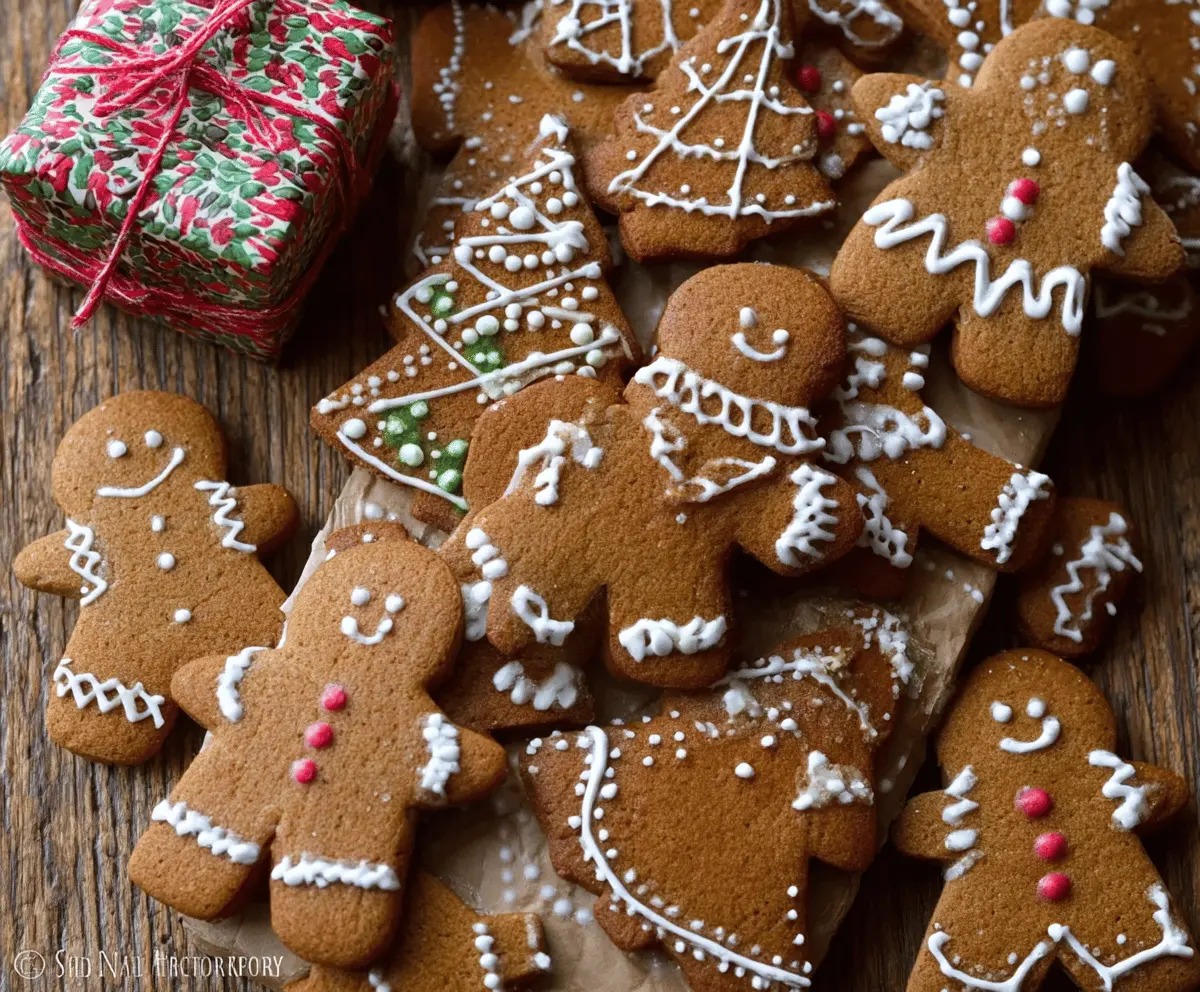 Delicious homemade gingerbread biscuits decorated with festive icing, perfect for holiday treats.