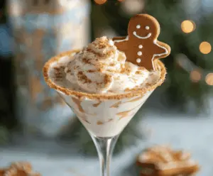 Gingerbread Cookie Martini served in a glass with festive garnishes, perfect for holiday celebrations.