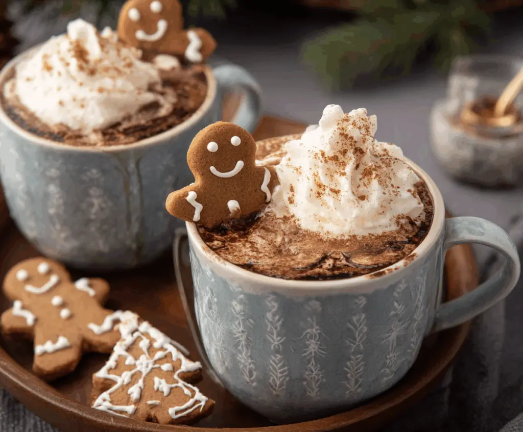 Creamy gingerbread hot chocolate topped with whipped cream and cinnamon in a festive mug