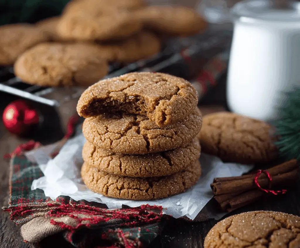 Freshly baked gingerbread molasses cookies with warm spices on a festive plate.
