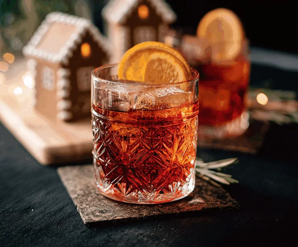 Close-up of a Gingerbread Negroni cocktail garnished with a cinnamon stick and ginger slice.