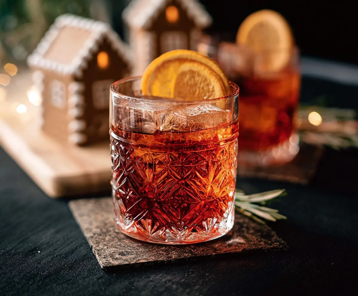 Close-up of a Gingerbread Negroni cocktail garnished with a cinnamon stick and ginger slice.