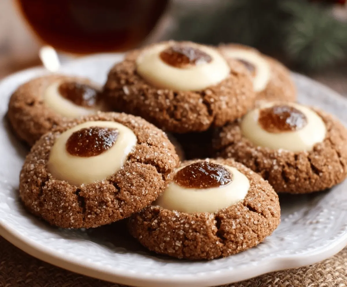 Delicious gingerbread thumbprint cookies with jam filling, perfect for the holiday season.