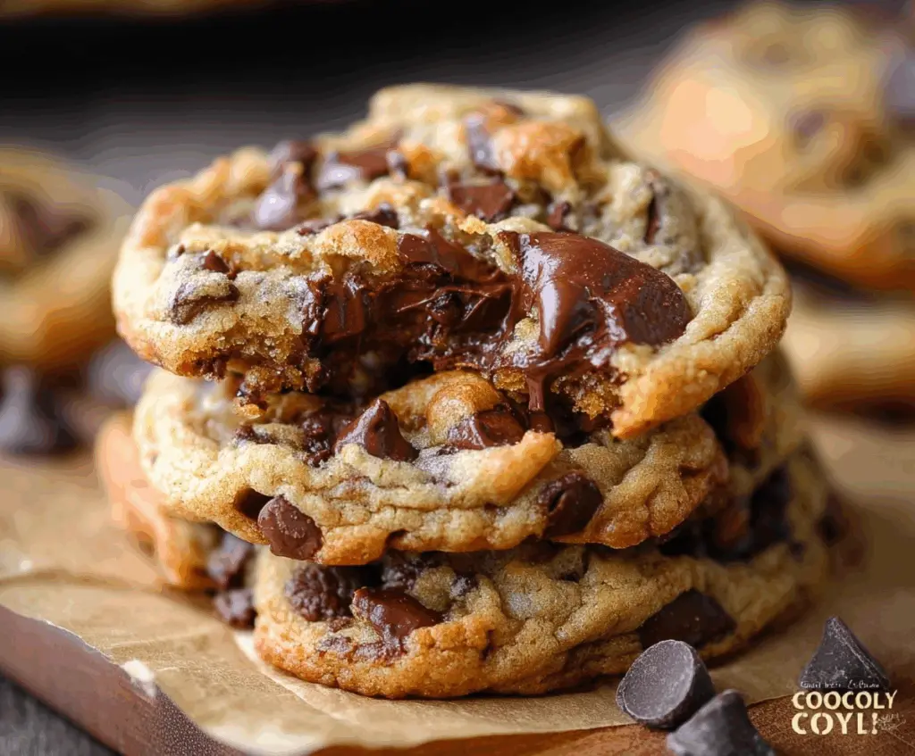 Delicious Gooey Chocolate Chip Cookies fresh from the oven, showcasing melted chocolate chips on a baking tray.