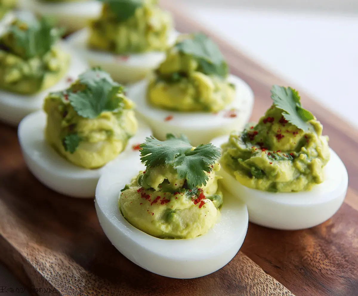 Creamy guacamole-stuffed deviled eggs topped with fresh cilantro and chopped tomatoes