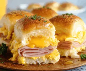 Delicious ham and cheese breakfast sliders layered with melted cheese and crispy ham in a soft slider bun.