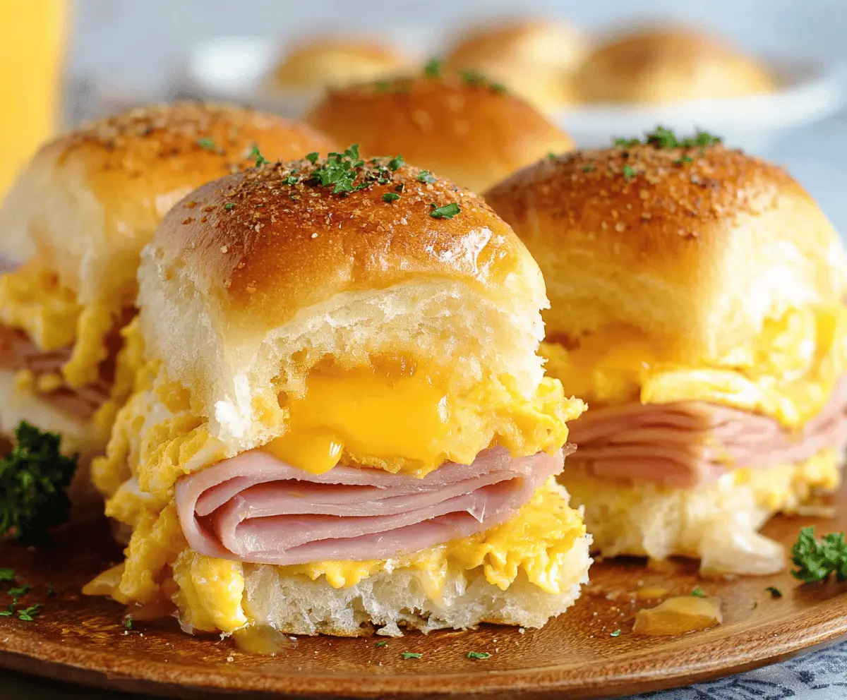 Delicious ham and cheese breakfast sliders layered with melted cheese and crispy ham in a soft slider bun.