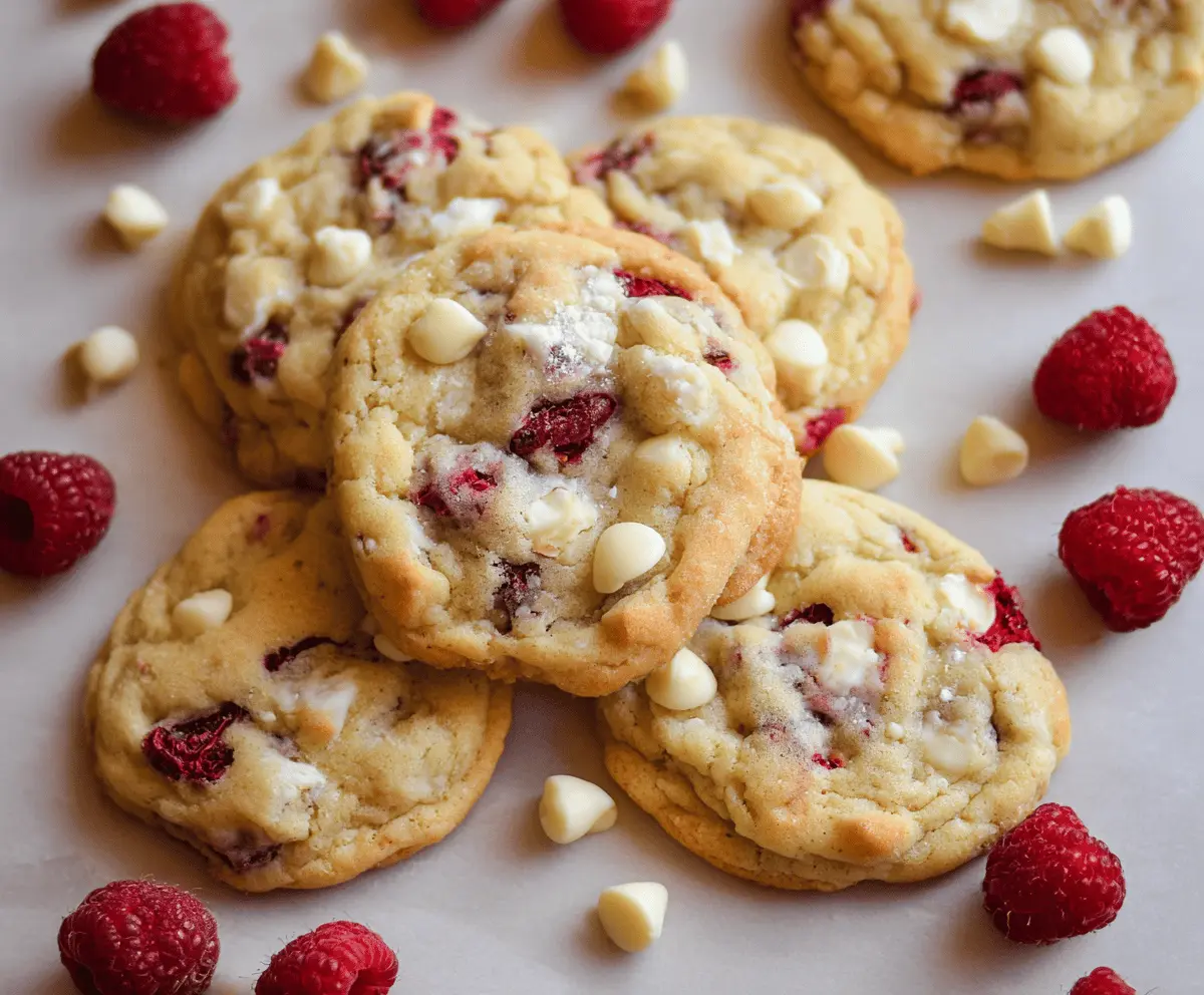 Delicious homemade white chocolate raspberry cheesecake cookies on a platter.