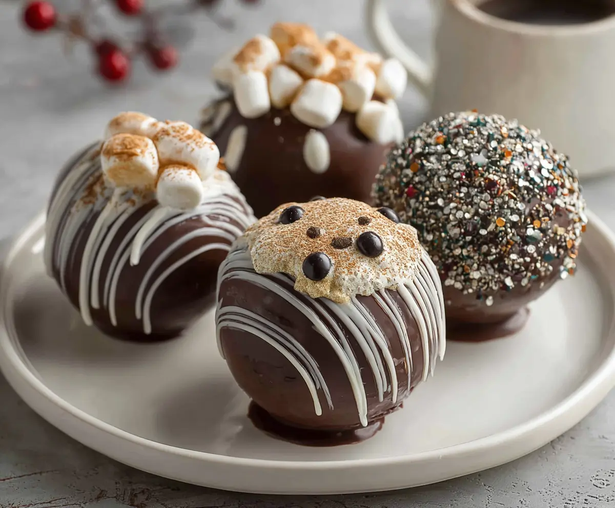 Delicious hot chocolate bombs melting in a mug of hot milk, perfect for winter warming treats.