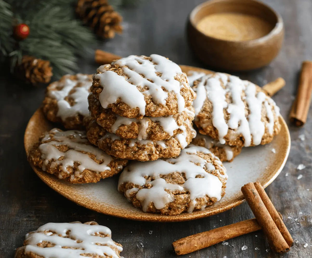 Delicious iced gingerbread oatmeal cookies with festive spices and a glossy icing topping.