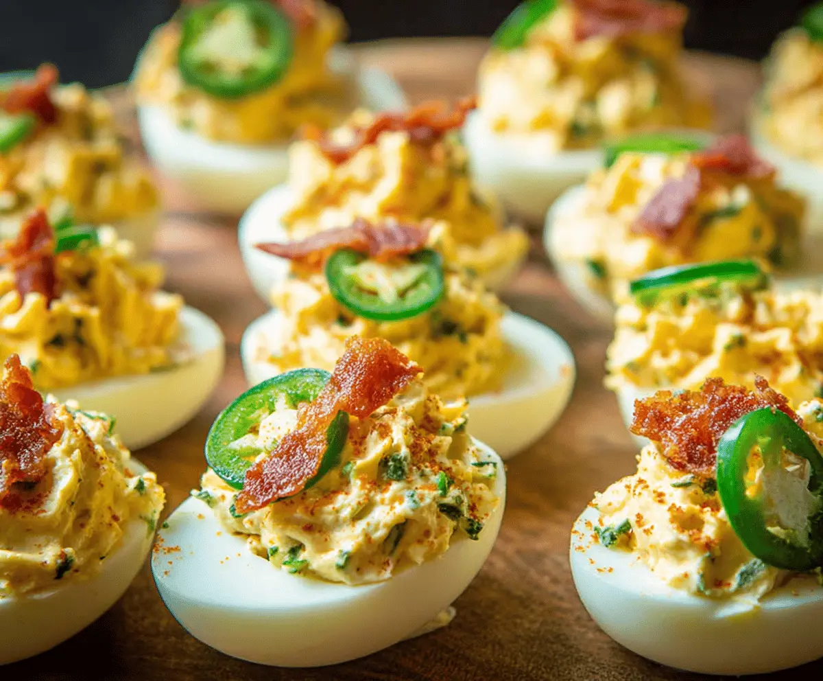 Delicious jalapeño popper deviled eggs garnished with fresh herbs on a white plate.