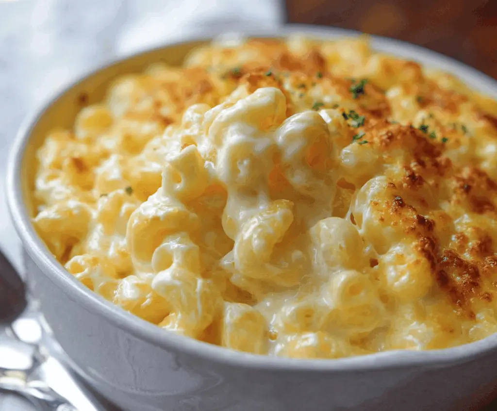 Creamy Joanna Gaines Mac and Cheese with Cream Cheese in a rustic bowl, garnished with herbs.