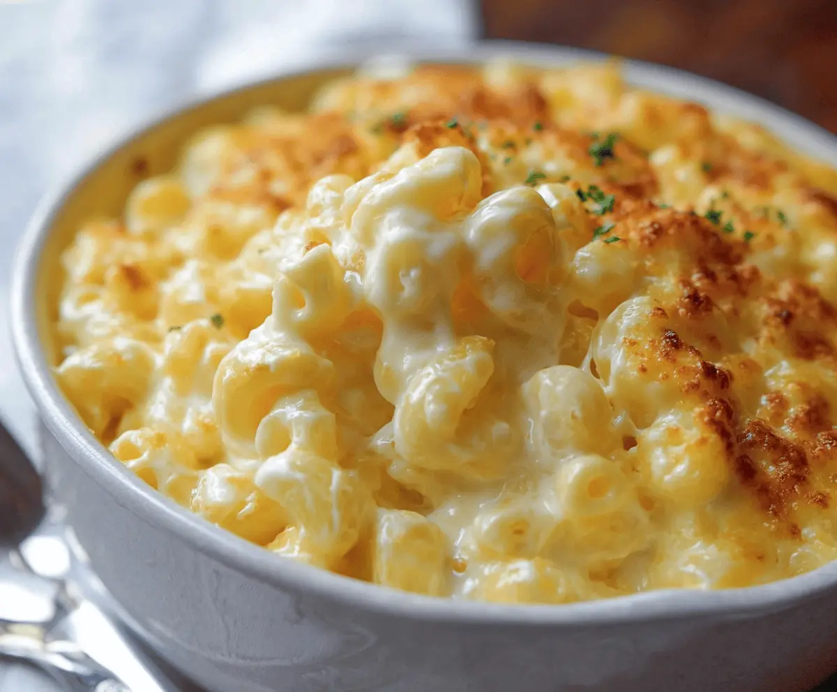 Creamy Joanna Gaines Mac and Cheese with Cream Cheese in a rustic bowl, garnished with herbs.