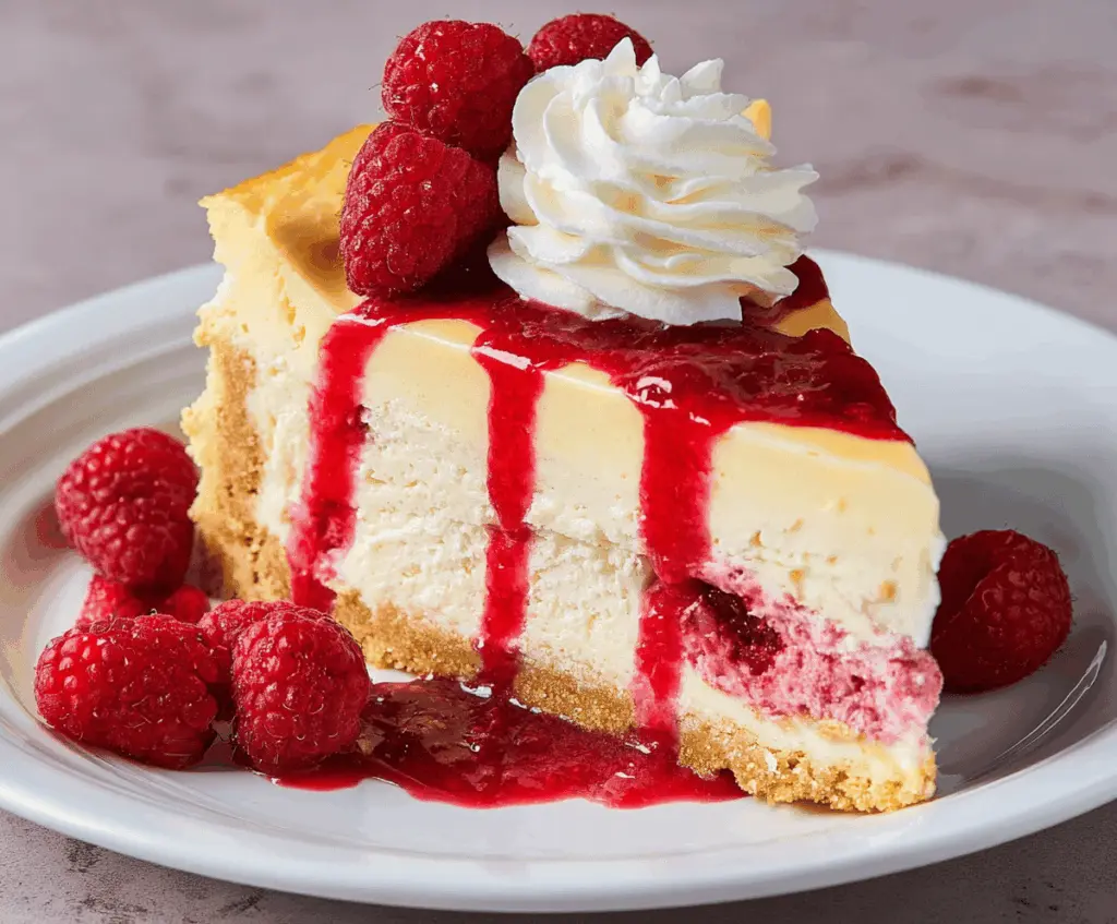 Delicious Lemon Raspberry Cream Cheesecake topped with fresh raspberries and lemon slices