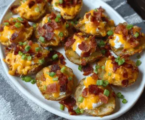 Delicious loaded mini potato bites topped with cheese, bacon, and chives on a rustic plate.