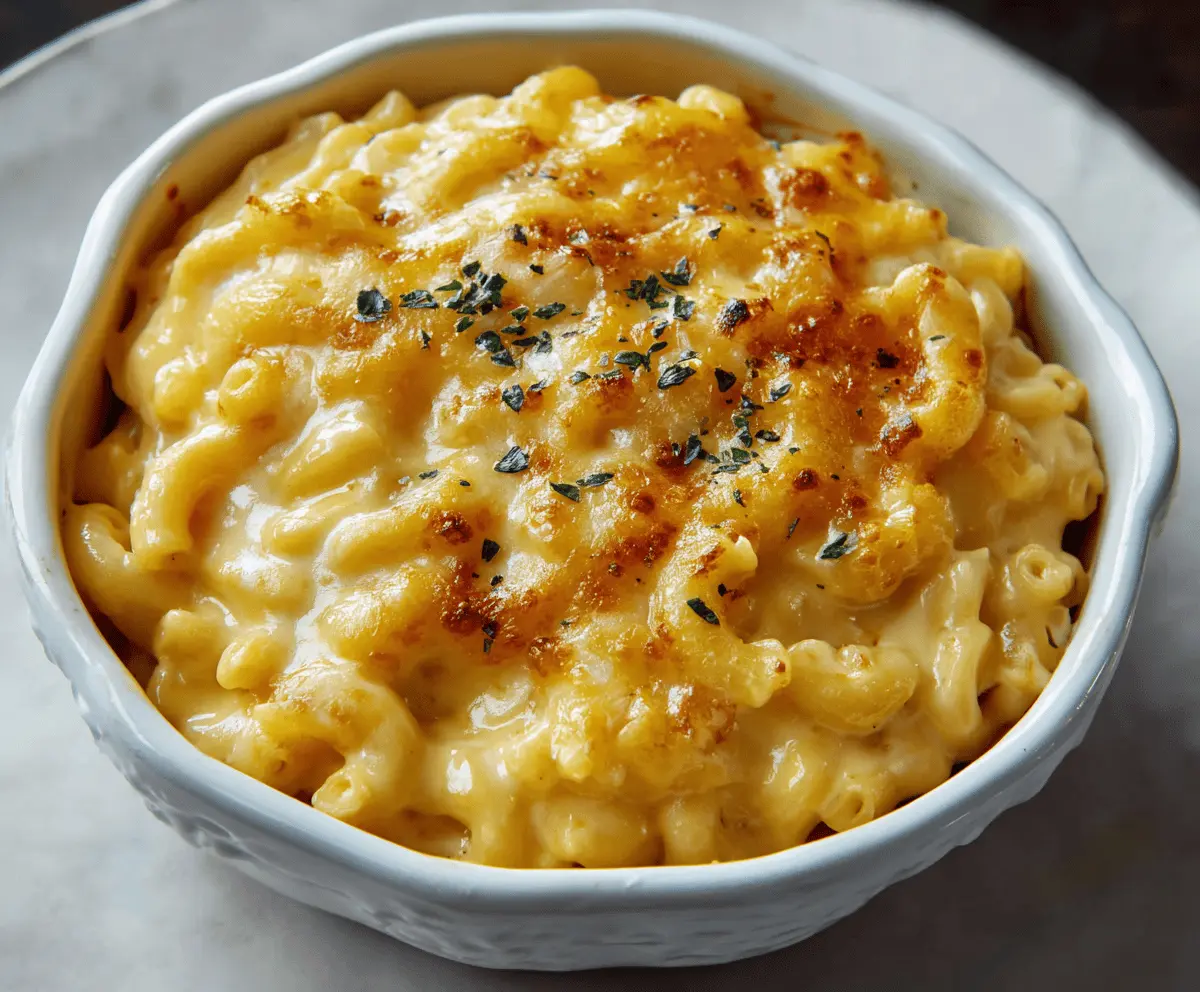 Creamy homemade Mac and Cheese served in a bowl with a golden crust topping.