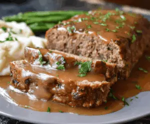 Delicious homemade meatloaf topped with rich brown gravy served on a dinner plate.