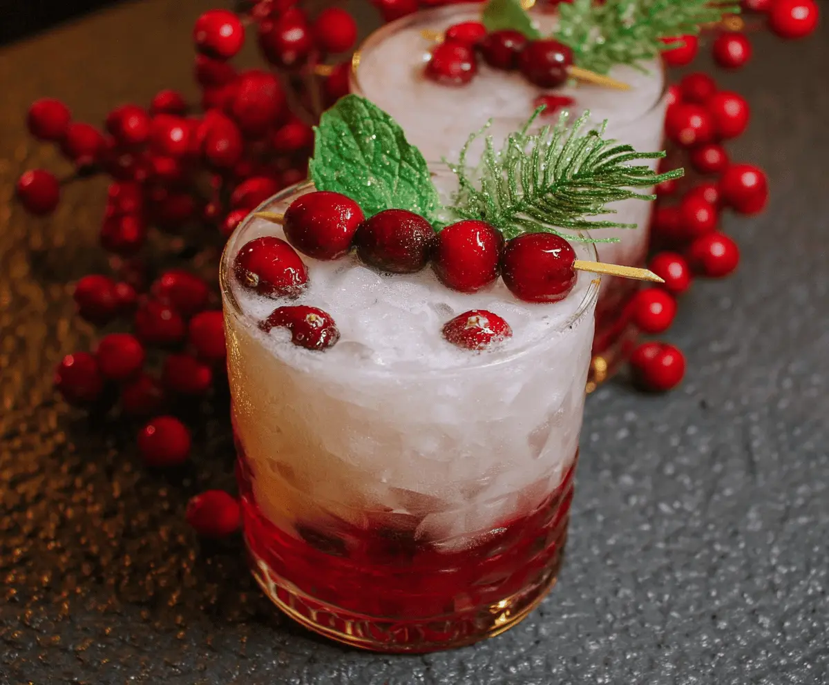 Festive Merry Mistletoe Cocktail in a glass garnished with merry decorations for holiday celebration