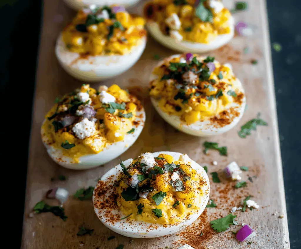 Delicious Mexican Street Corn Deviled Eggs topped with cheese and chili powder.