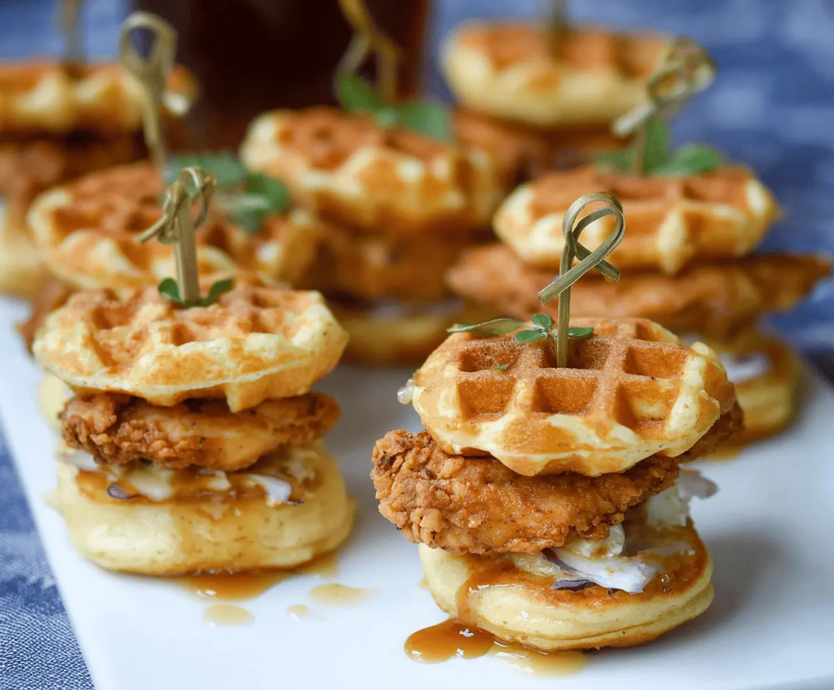 Delicious mini chicken and waffle sliders served on a platter, perfect for appetizers or snacks.