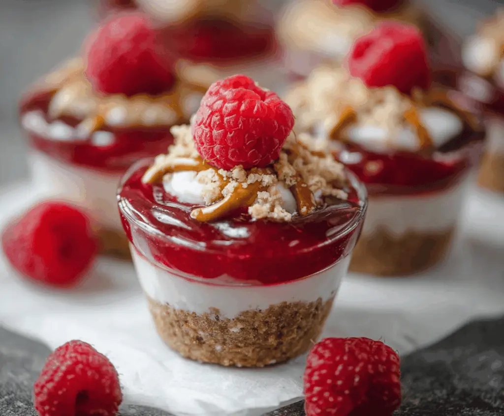 Delicious No-Bake Raspberry Pretzel Cups with fresh berries and crunchy pretzels