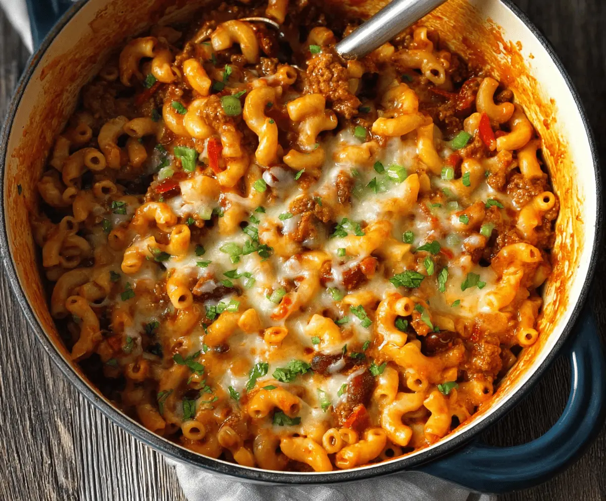 Delicious One Pot Chili Mac and Cheese with melted cheese, beans, and savory chili flavors in a single skillet.