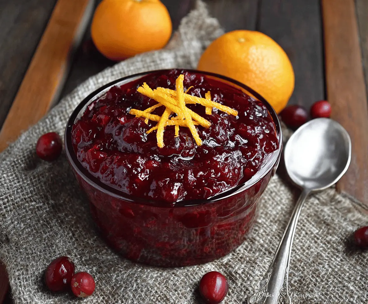 Vibrant orange and cranberry sauce with a hint of amaretto in a glass bowl