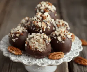 Delicious Pecan Pie Truffles with a caramelized pecan topping and chocolate coating.