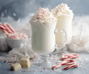 Creamy peppermint white hot chocolate in a mug topped with whipped cream and crushed peppermint candies.