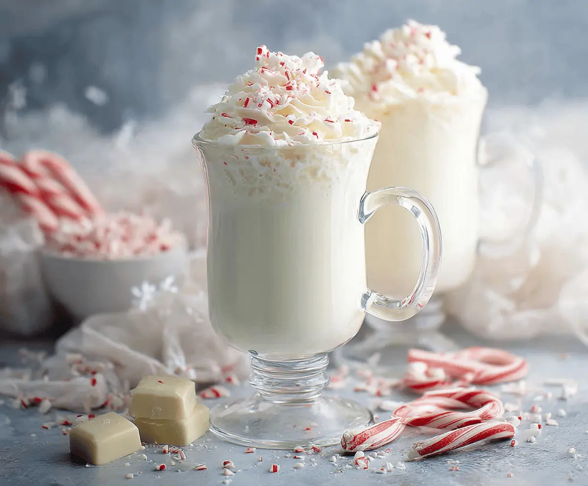 Creamy peppermint white hot chocolate in a mug topped with whipped cream and crushed peppermint candies.