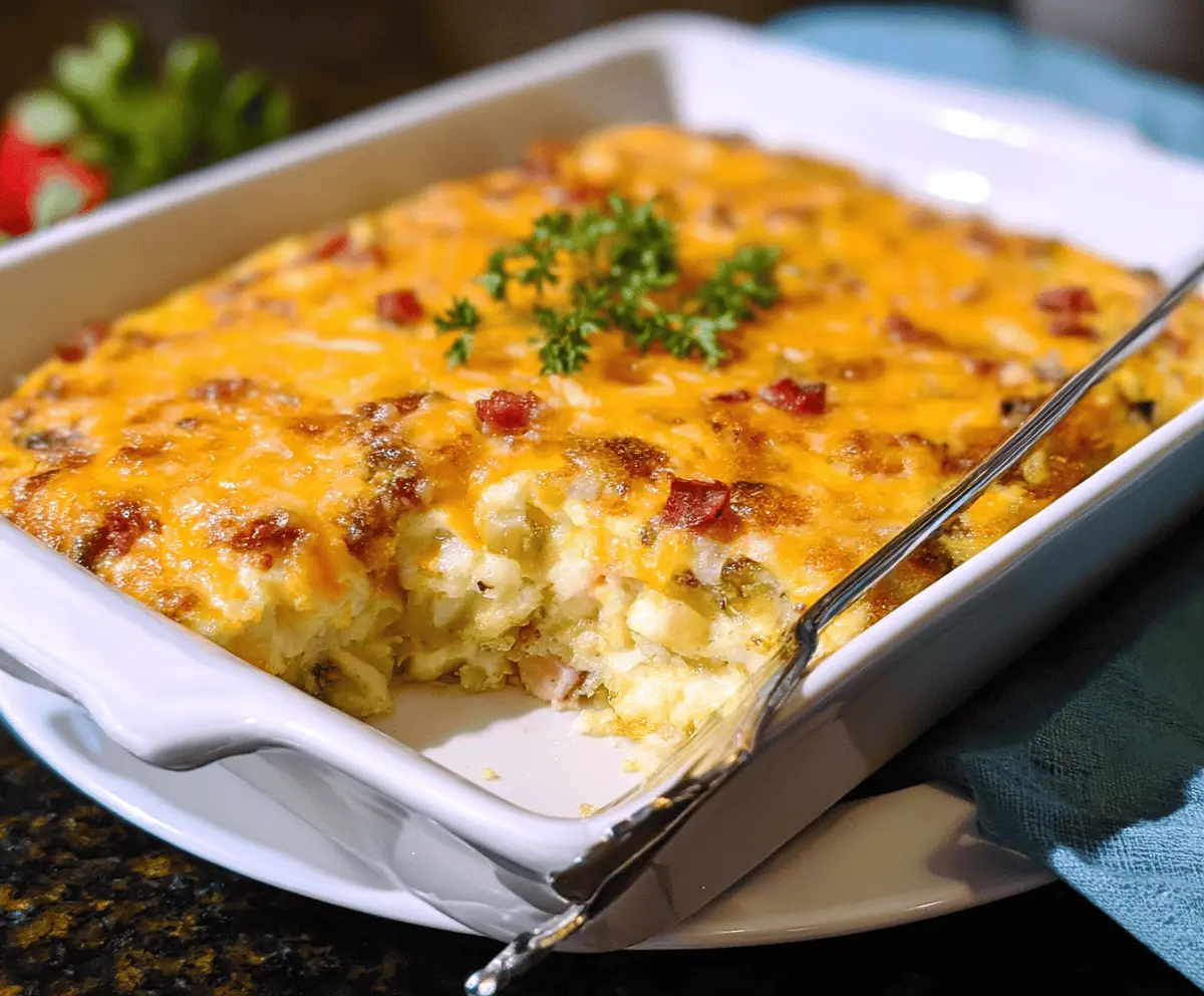 Delicious Potatoes O'Brien Breakfast Casserole with melted cheese and colorful vegetables.