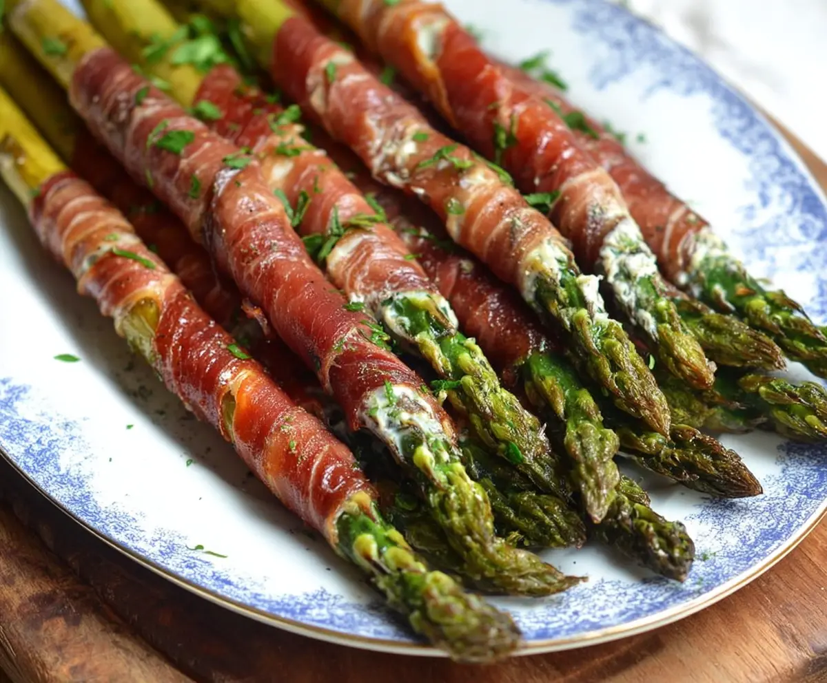 Delicious prosciutto-wrapped asparagus spears served as an appetizer or healthy snack.
